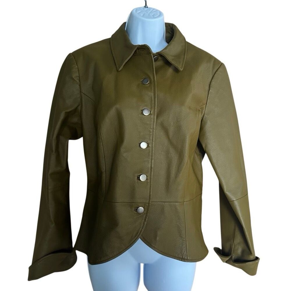 Vintage Y2K Shape FX Olive Green Genuine Leather Button Front Jacket Women’s 14